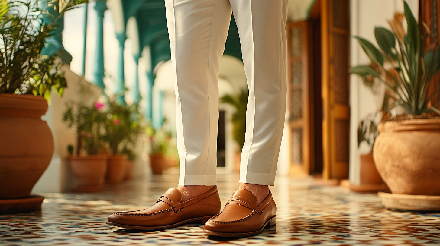 
A man in a white suit paired with classic brown loafers, creating a stylish and relaxed yet polished appearance. The brown loafers provide a warm contrast to the crisp white suit, making this combination ideal for events that require a more relaxed approach while maintaining sophistication. The groom or guest stands in an elegant yet comfortable setting, exuding effortless style with the clean lines of the suit and the refined touch of the brown loafers. This look is perfect for semi-formal or afternoon events, balancing comfort with class.