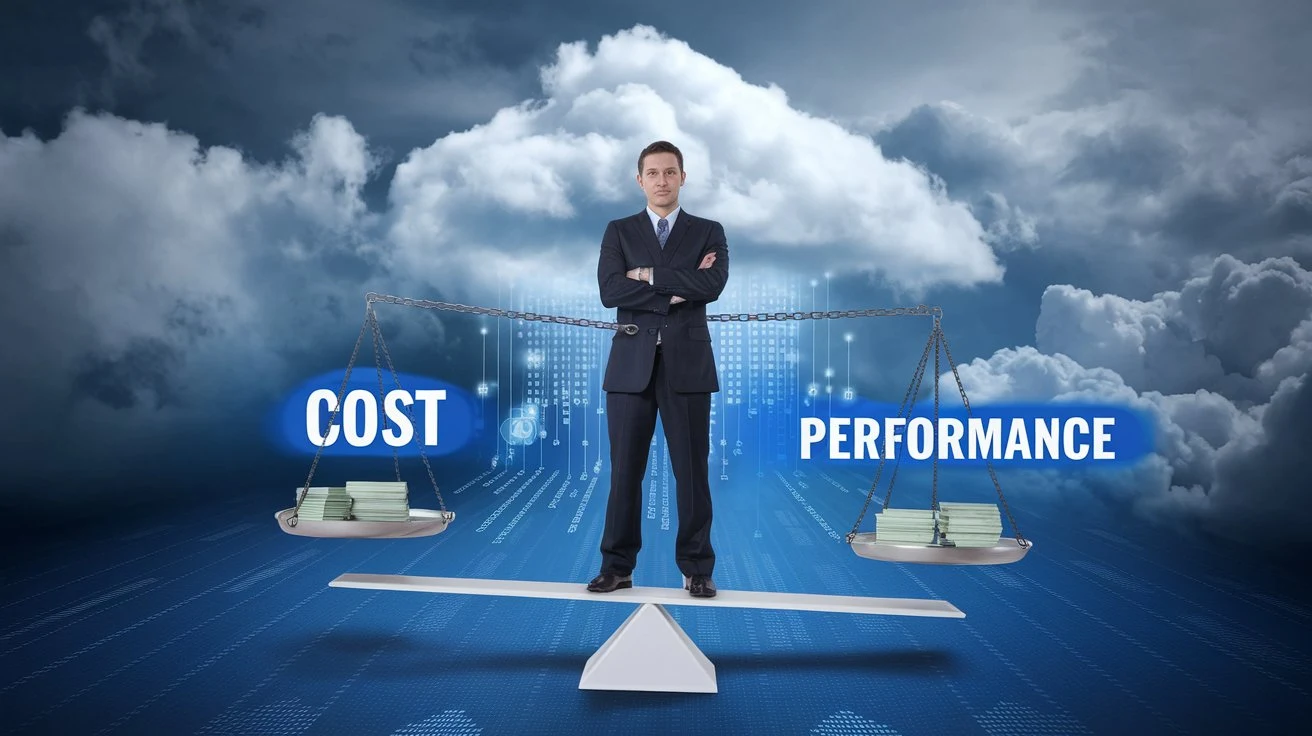 Cost optimization in hybrid cloud solutions represented by balancing financial and performance scales