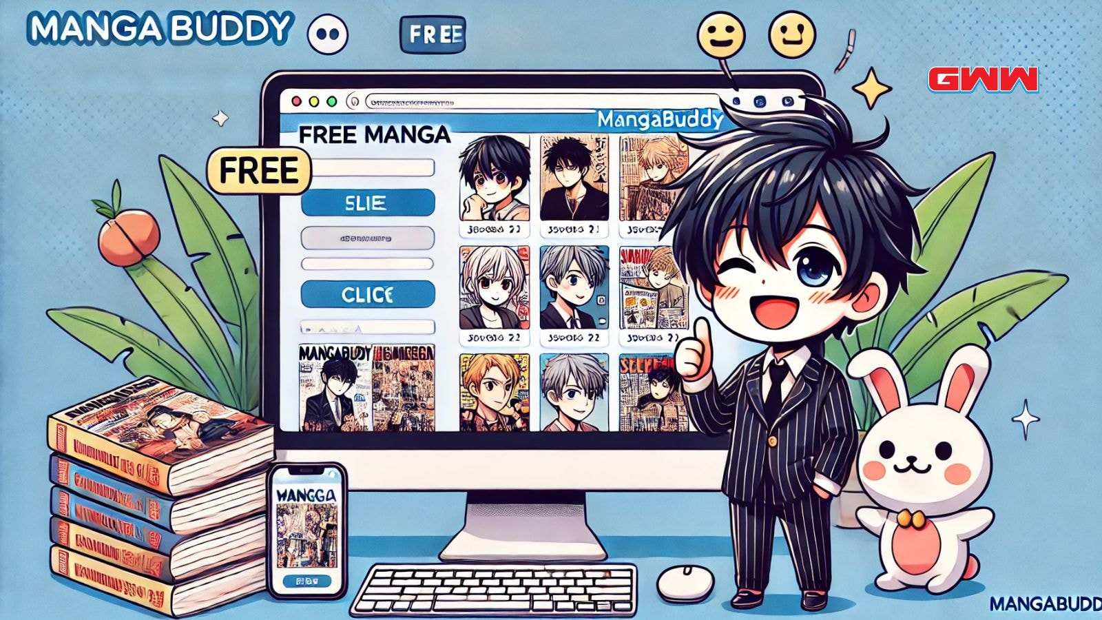 A wide image representing the process of using Manga Buddy for free manga reading.