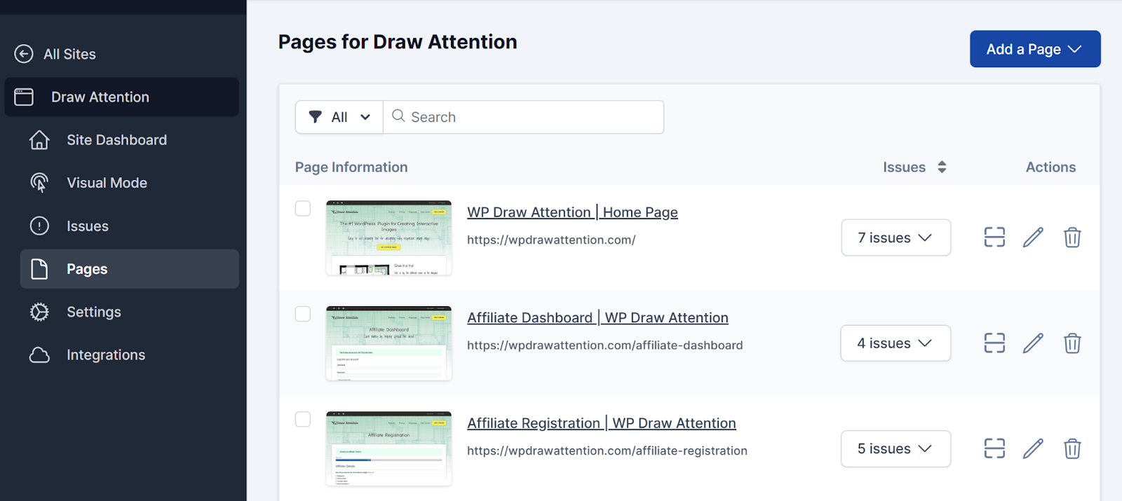 The screenshot displays the page titles and URLs listed for each page on the pages option on site dashboard.