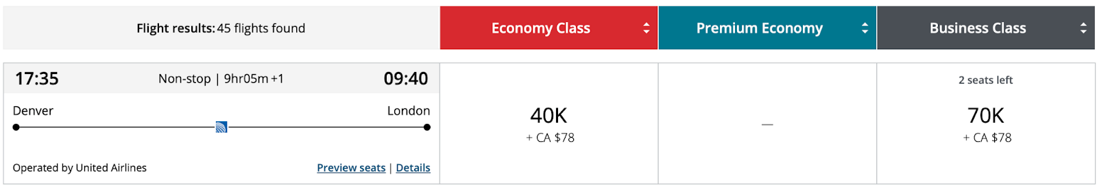 Air Canada flight result