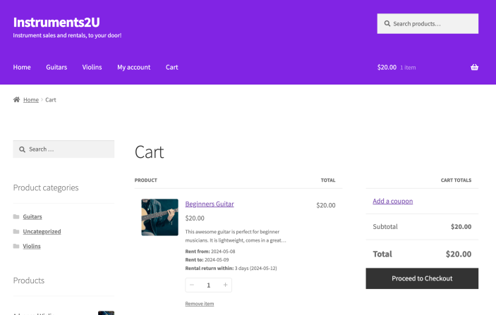 Cart showing rental product and rental information