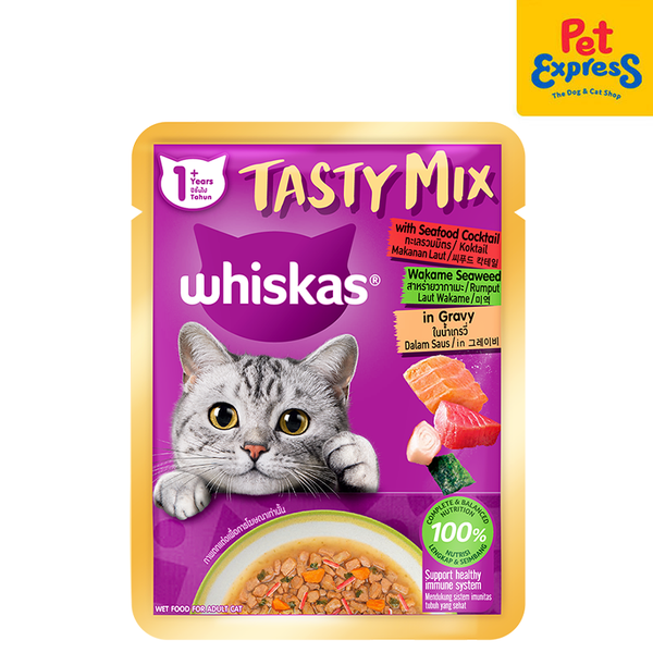 Whiskas Cat Food for Adults Tasty Mix Seafood Cocktail Wakame Seaweed in Gravy
