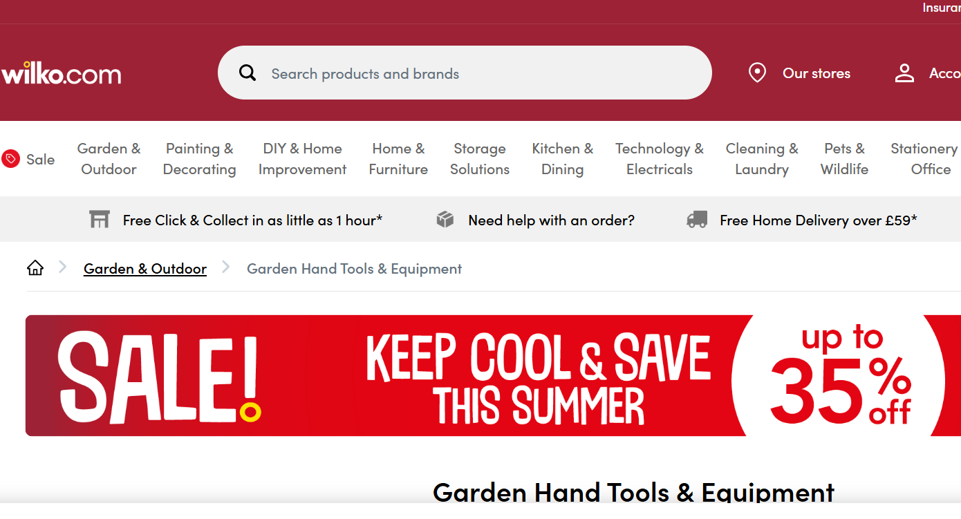 Wilko landing page. It is one of the best places to buy garden tools online