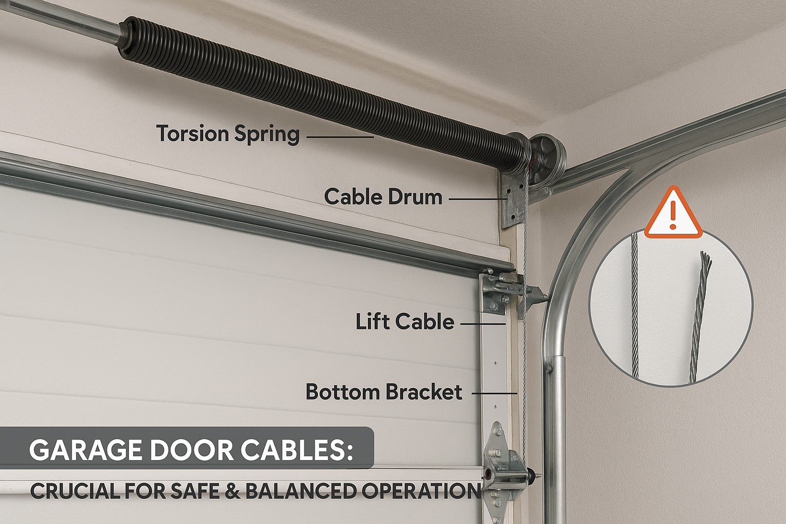 Labeled garage door system showing torsion spring, cable drum, lift cable, and bottom bracket with a warning inset about frayed cables, emphasizing the importance of garage door cable replacement for safe operation.