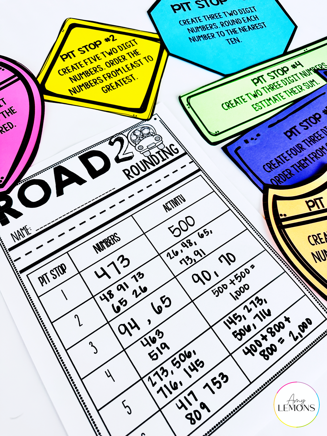 Recording sheet for rounding card game to use in 3rd grade math.