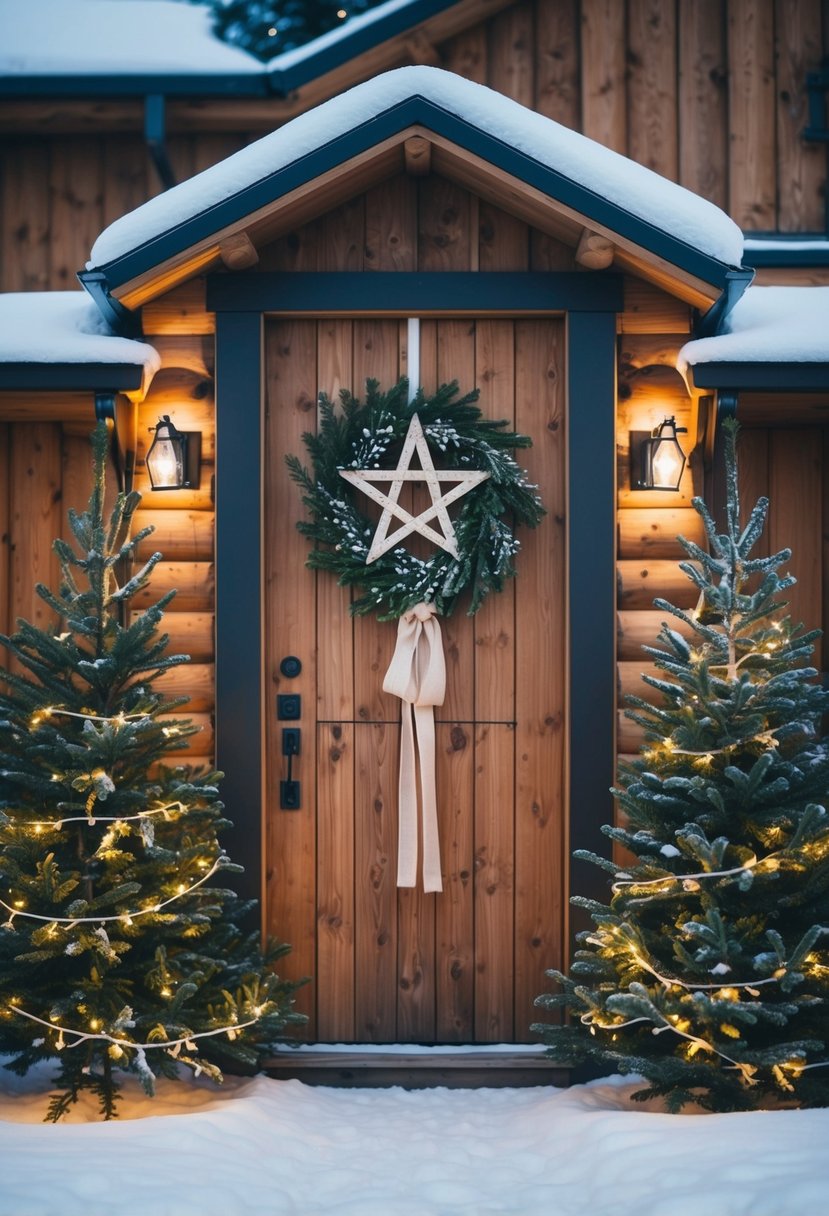 A rustic wooden door adorned with a Nordic star wreath, surrounded by snowy pine trees and twinkling fairy lights