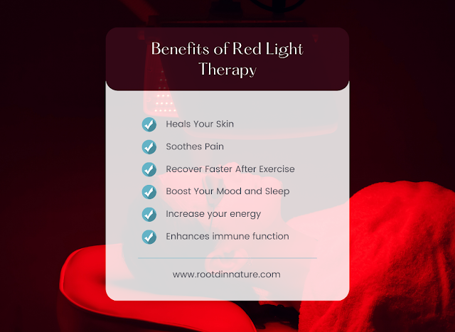 Diagram showing the health benefits of red light therapy for skin, muscles, and overall health