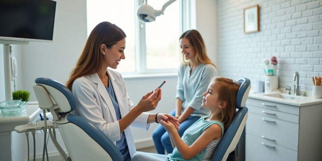 A dentist interacting with a patient in a modern office.