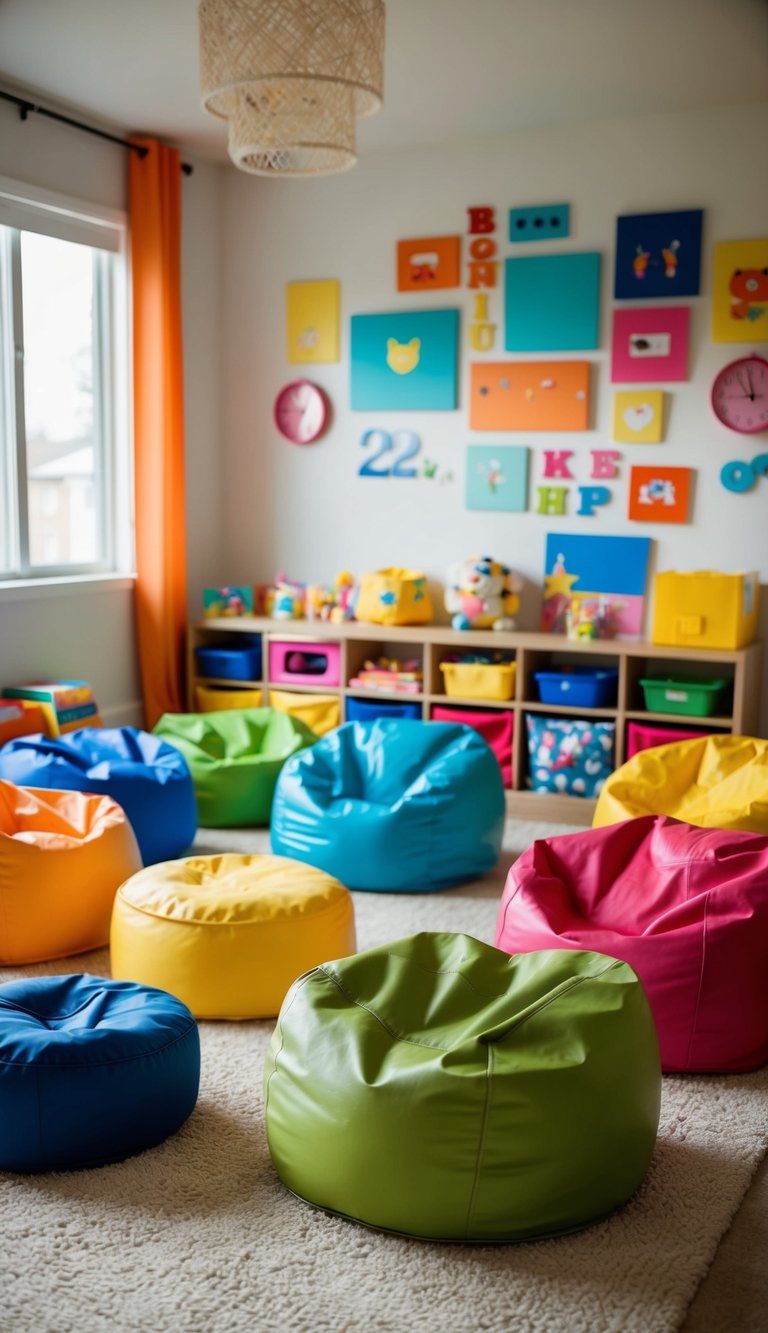 Brightly colored bean bags fill a playful kids' bedroom, offering 22 fun seating options