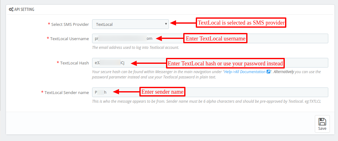 TextLocal configuration in module