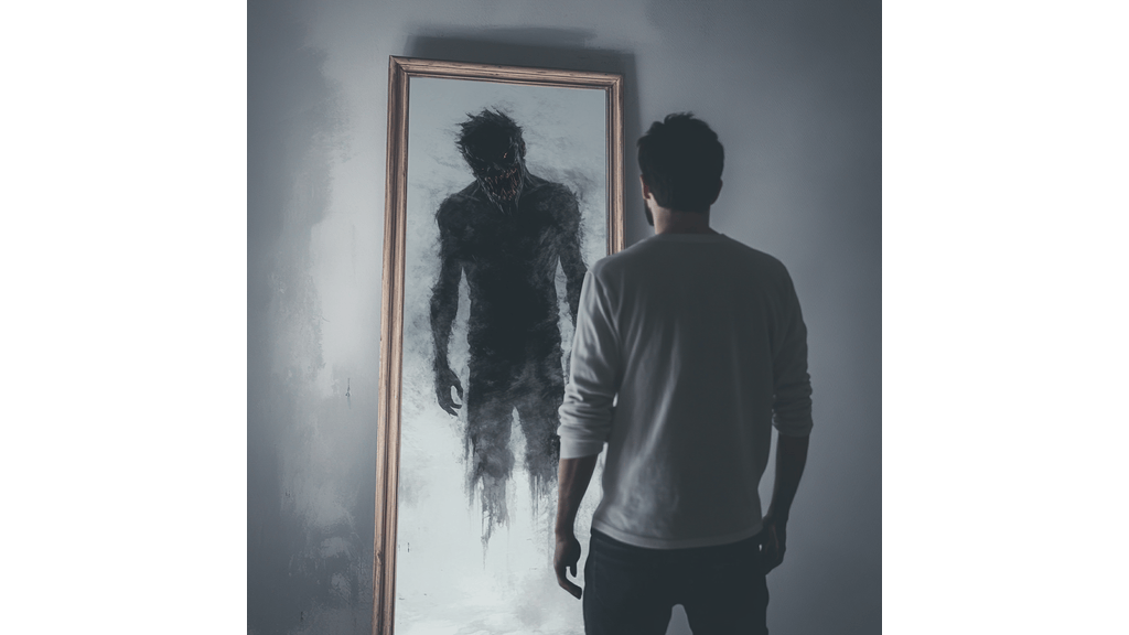 A man standing in front of a mirror. A monster image is reflected at him. 