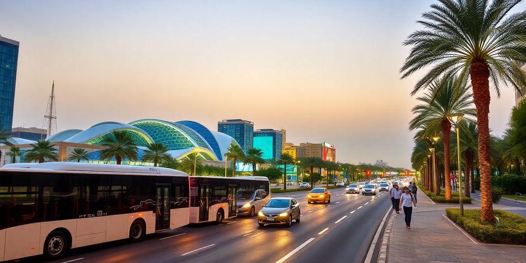 Modern public transit buses on Ajman's vibrant city streets.