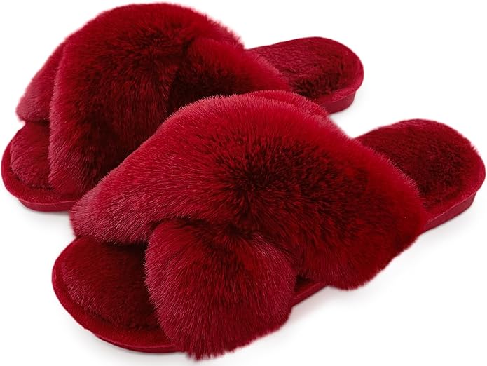 Cozyfurry Womens Cross Band Slippers Cozy Furry Fuzzy House Slippers Open Toe Fluffy Indoor Shoes Outdoor Slip on Warm Breathable Anti-skid Sole