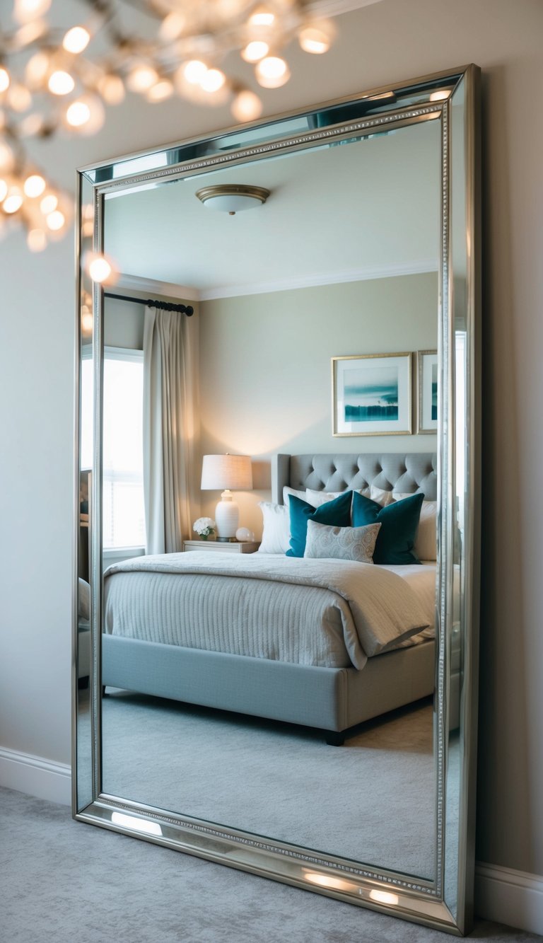 A large mirror reflects a cozy guest bedroom with a plush bed, soft lighting, and elegant decor