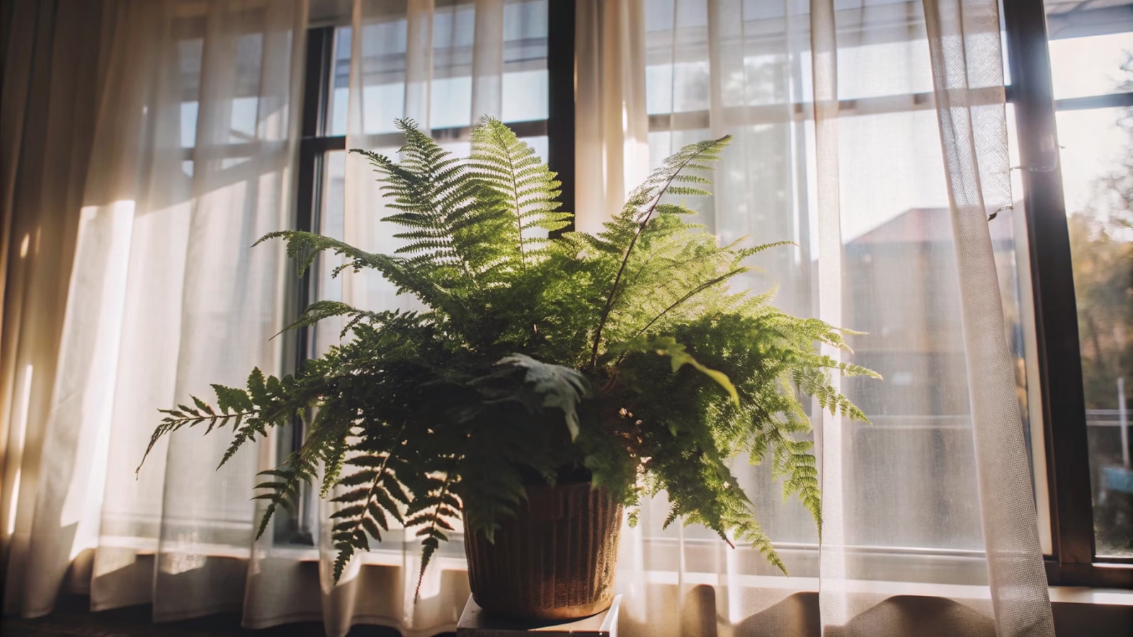 Samambaia Nephrolepis exaltata em um canto protegido de correntes de ar, próxima a uma janela com cortinas translúcidas.