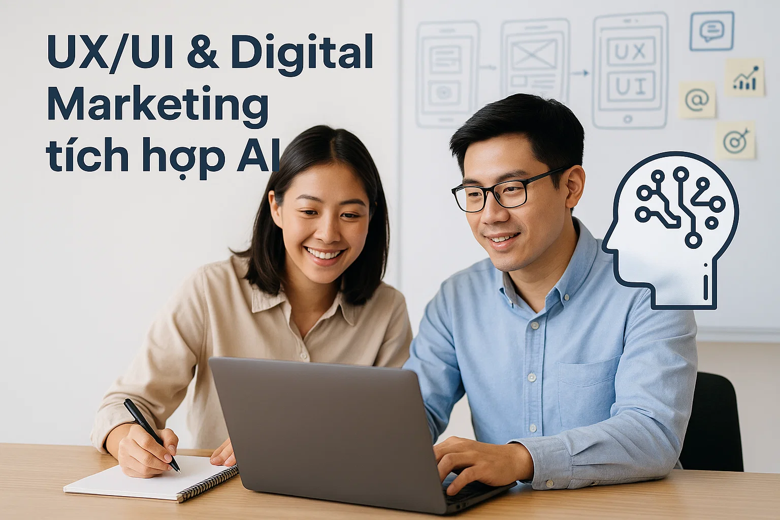 Hai chuyên viên UX/UI và Digital Marketing sử dụng AI để tối ưu trải nghiệm khách hàng và chiến dịch marketing số.