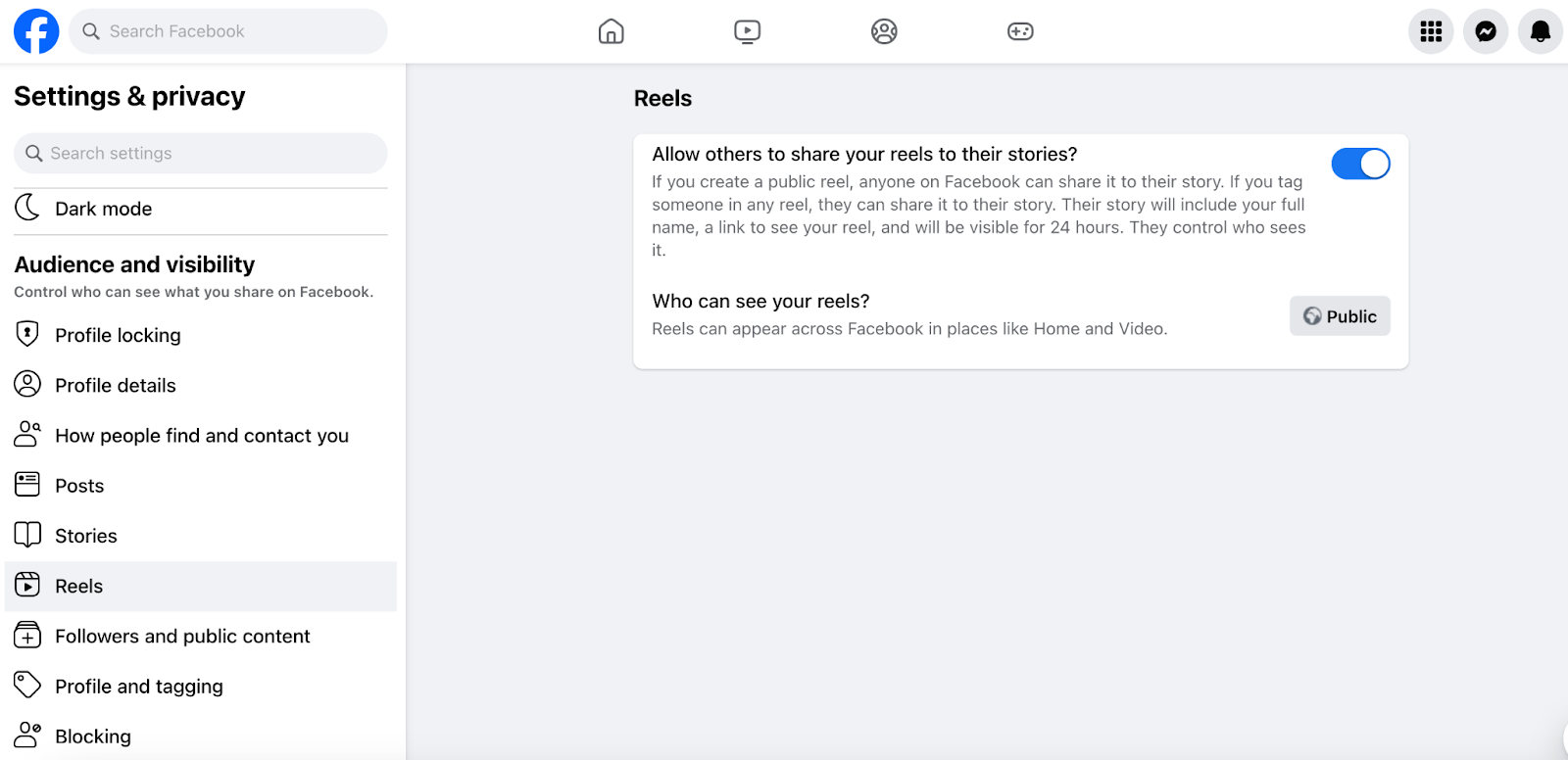 Facebook Settings to make Reels sharable