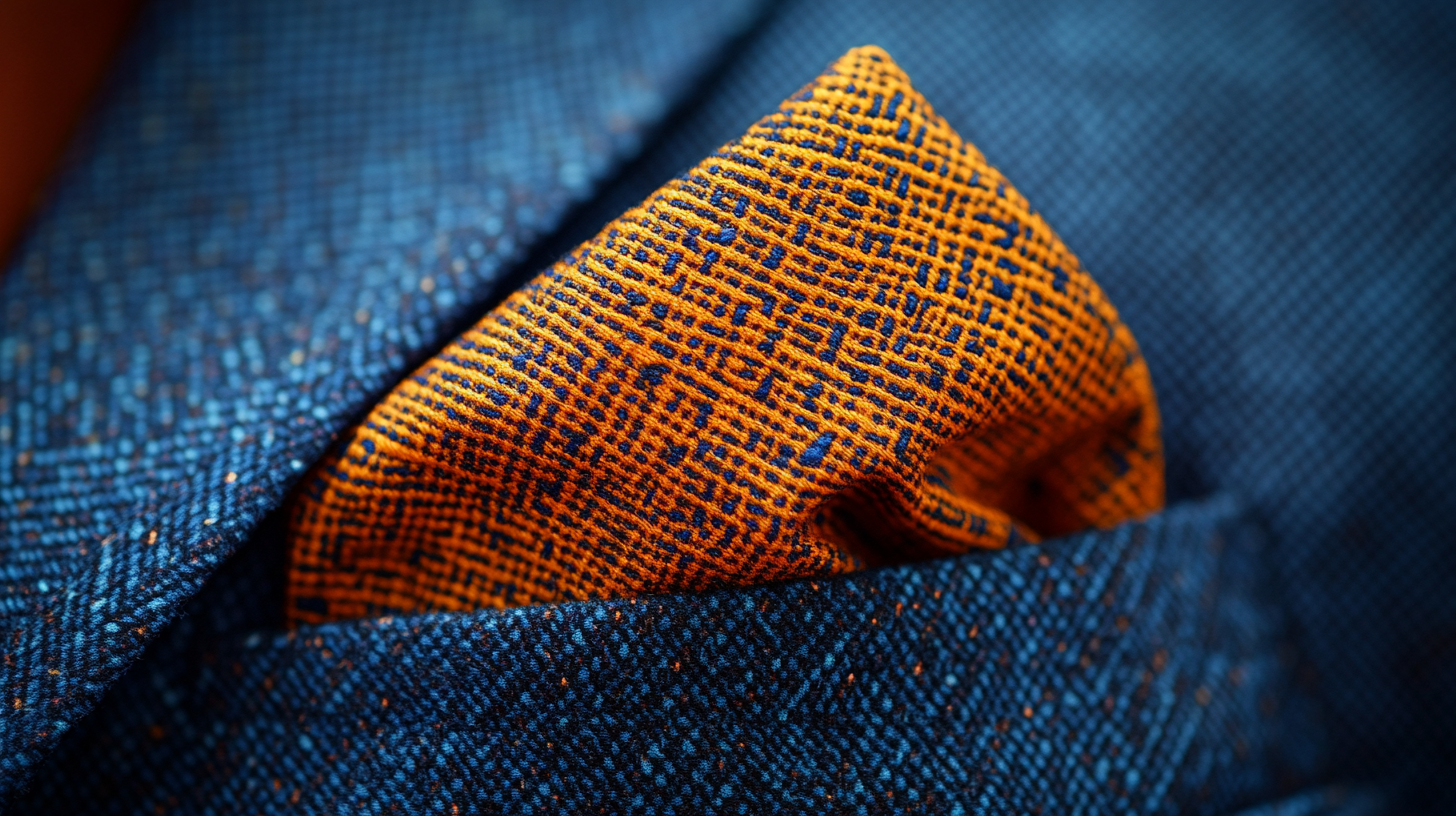 A close-up of a pocket square folded into the winged puff style, with the center puffed and the edges flaring out like wings. The fabric is soft and textured, with the wings adding an extra dimension and flair to the overall look. The pocket square sits casually in the pocket of a suit with vibrant colors or bold details, creating a daring and stylish appearance. Soft lighting highlights the dynamic folds, perfect for making a statement at a bold or fashionable event