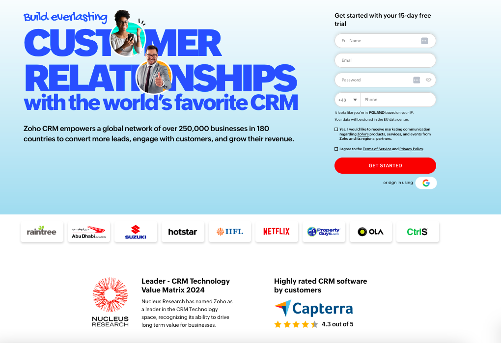 Zoho CRM landing page