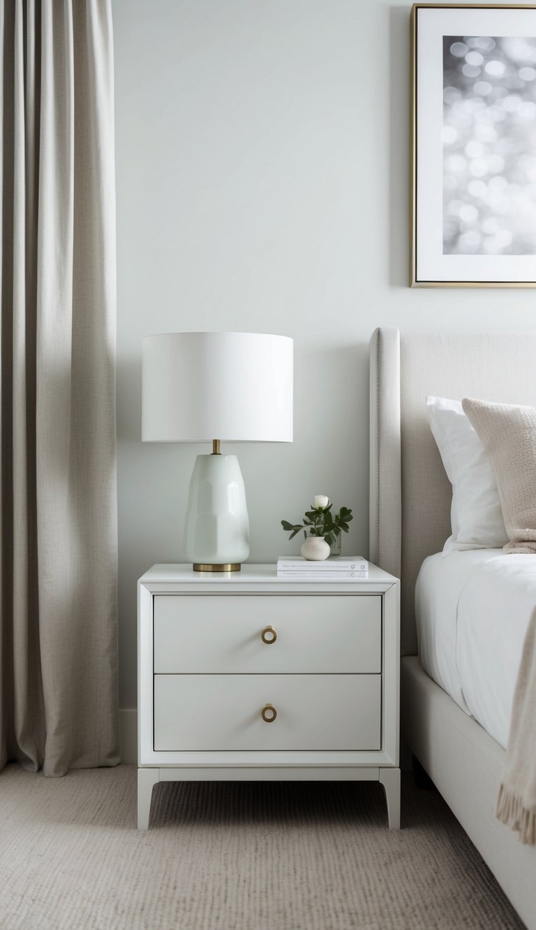 An Arctic white nightstand stands in a serene bedroom, surrounded by minimalist decor and soft, neutral tones