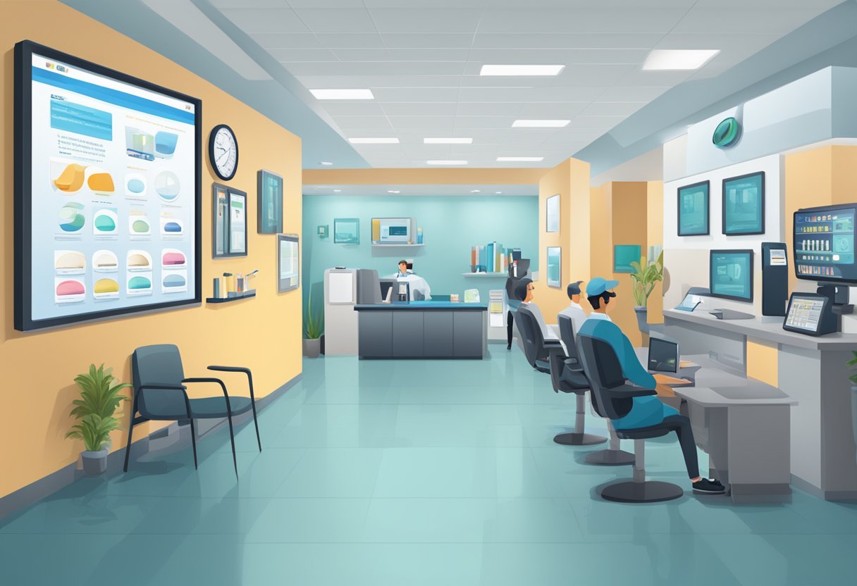 An optometry office with a PPC ad on a computer screen, eye care ،ucts displayed, and satisfied customers in the waiting area
