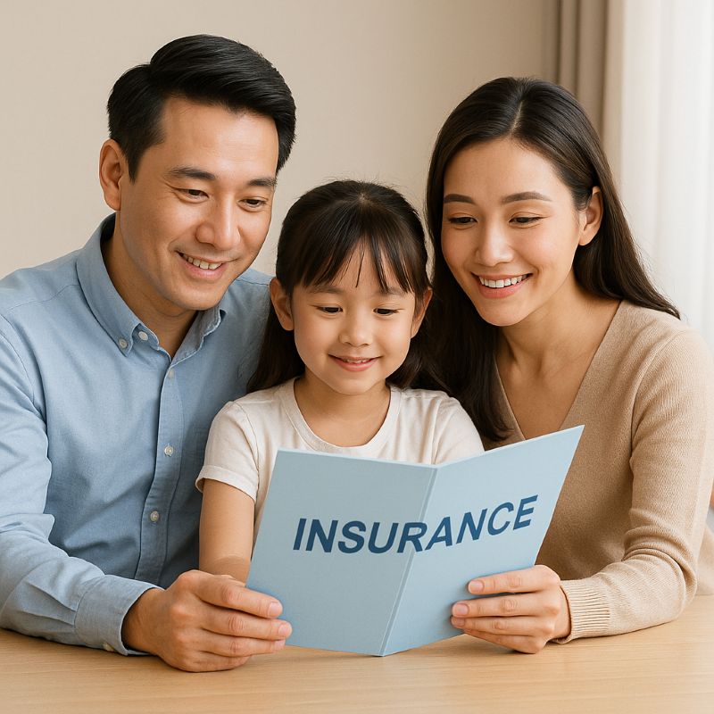 Gia đình cầm tay cùng xem hồ sơ bảo hiểm giáo dục cho con