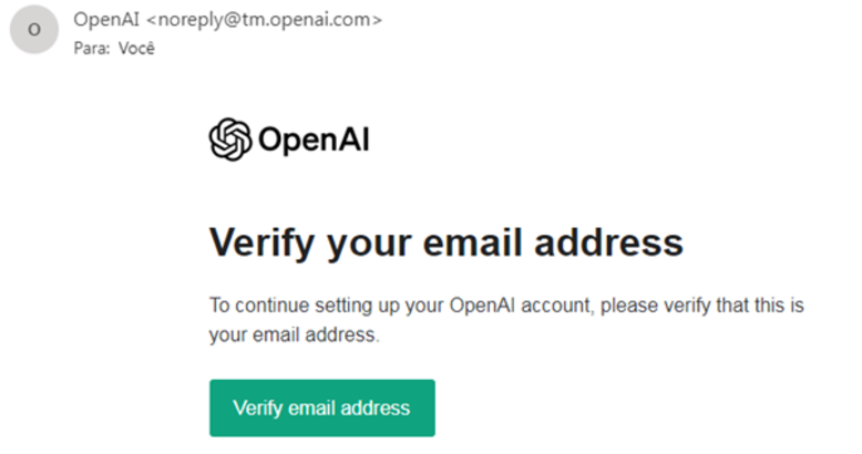 Tela do e-mail de verificação do Chat GPT