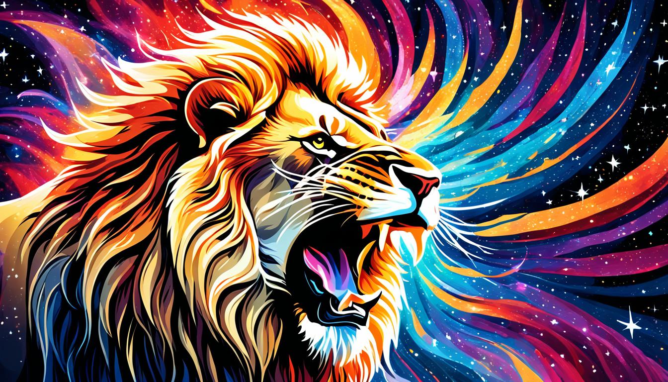 A roaring lion stands tall amidst a swirling vortex of cosmic energy, with the sun and stars shining brightly in the background. Its mighty roar echoes across the universe, signaling the peak of the Lion's Gate Portal on August 8th. The lion's mane is made of sparkles and radiates a powerful aura, representing the manifestation of one's dreams and desires during this auspicious time. The vortex symbolizes the gateway to higher dimensions and spiritual awakening, inviting all who dare to step through it.