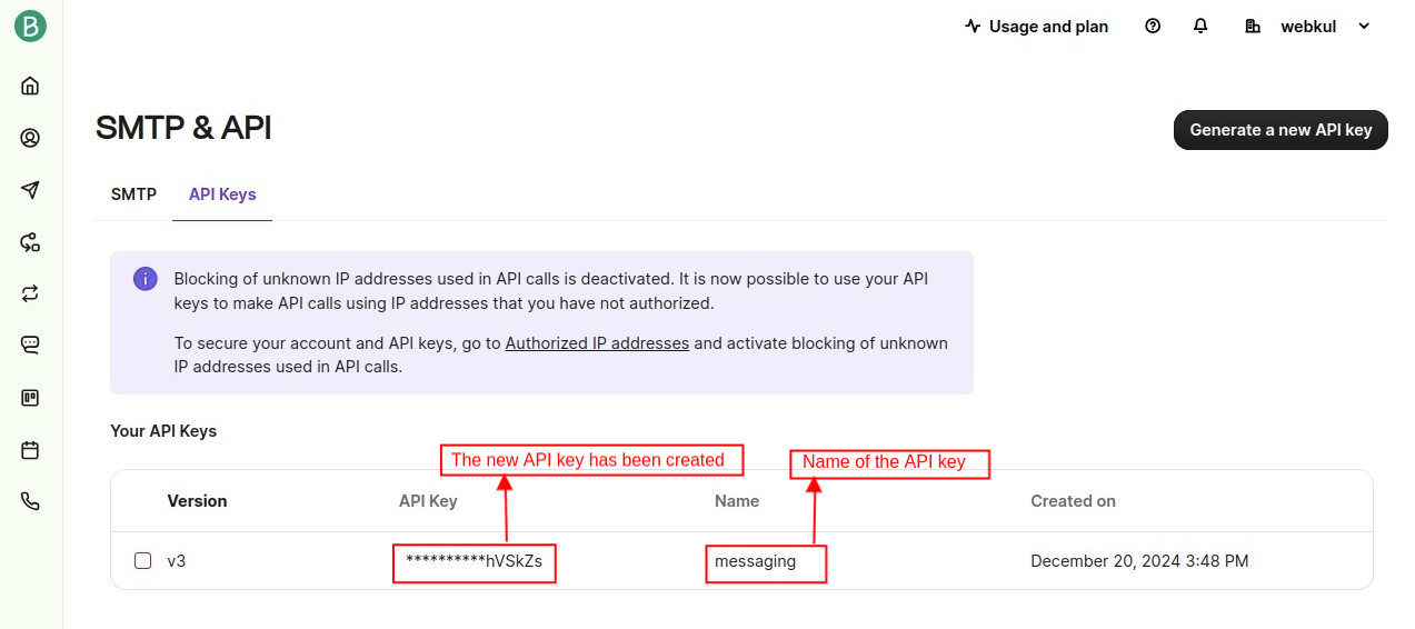 SendinBlue API key created