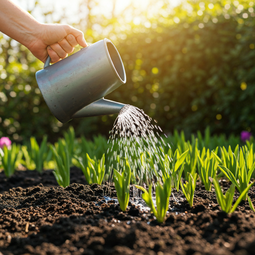 Photo of person watering plants outdoors in springtime