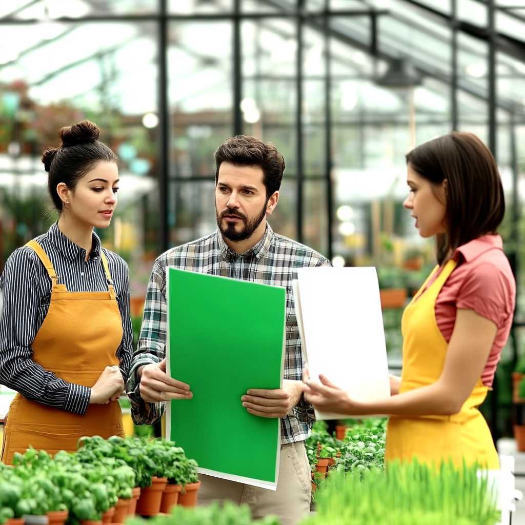 HR trainer guiding employees in nurturing plants in a greenhouse, symbolizing investment in training and development to build internal skills.