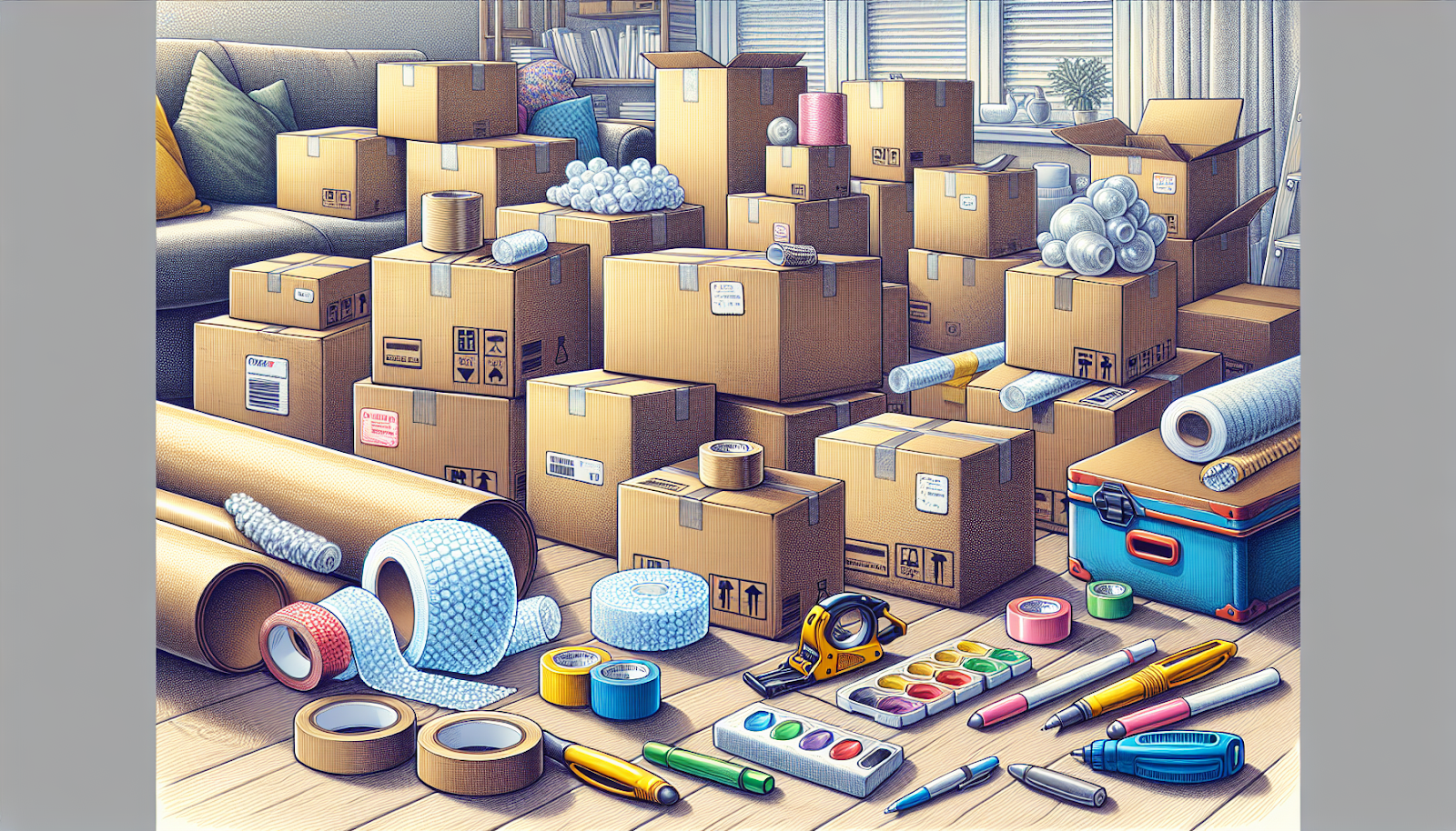 An illustration of packing supplies to save money on storage units.