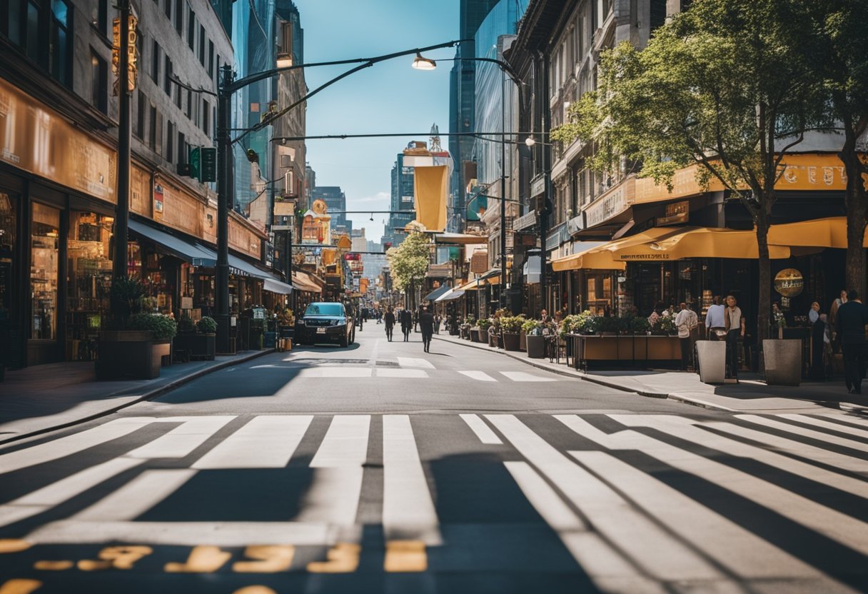 A bustling city street with various service-based businesses, including restaurants, salons, and shops, all vying for attention with colorful signs and storefront displays