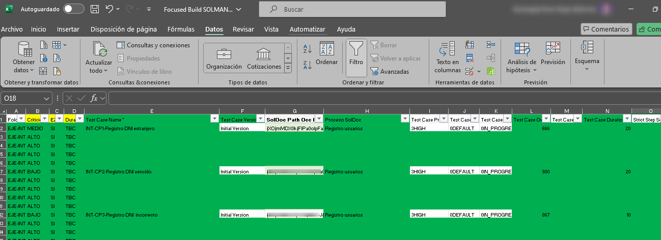 Captura de planilla Excel con formato Focused Build, para subir casos de prueba a Solman.