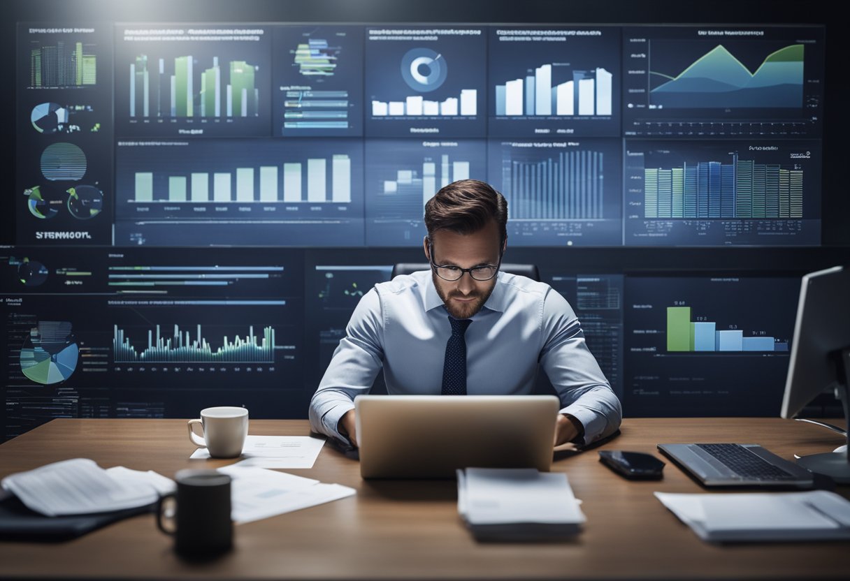 A person sitting at a desk, surrounded by charts and graphs, analyzing strengths, weaknesses, opportunities, and threats