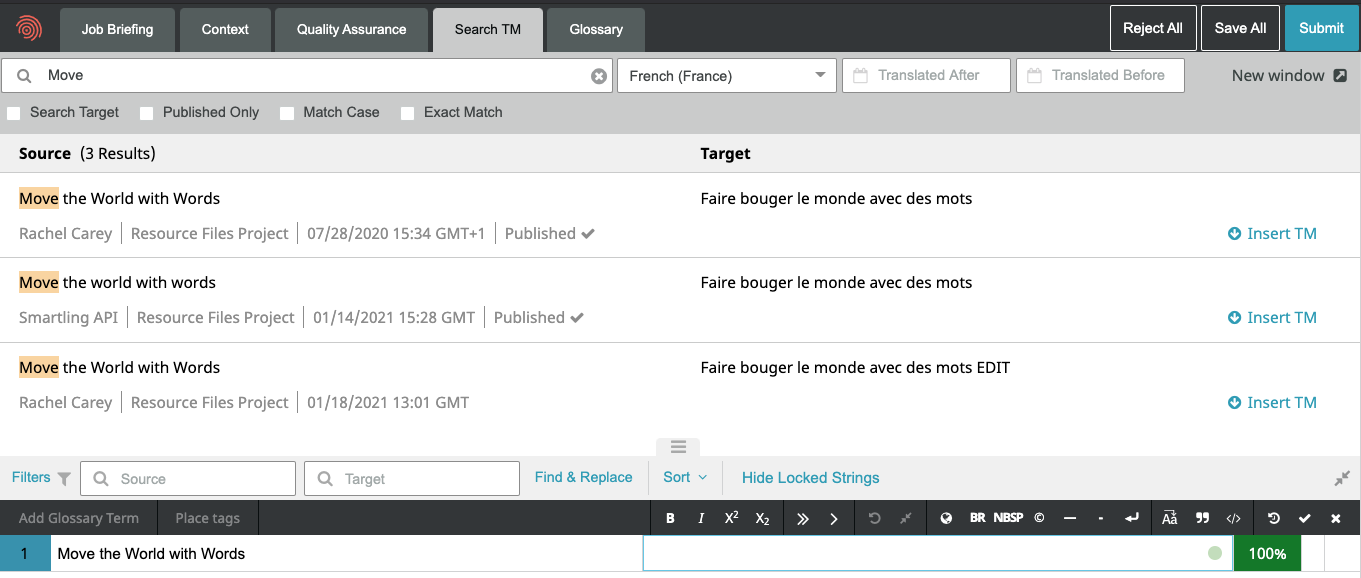 Smartling's translation memory database