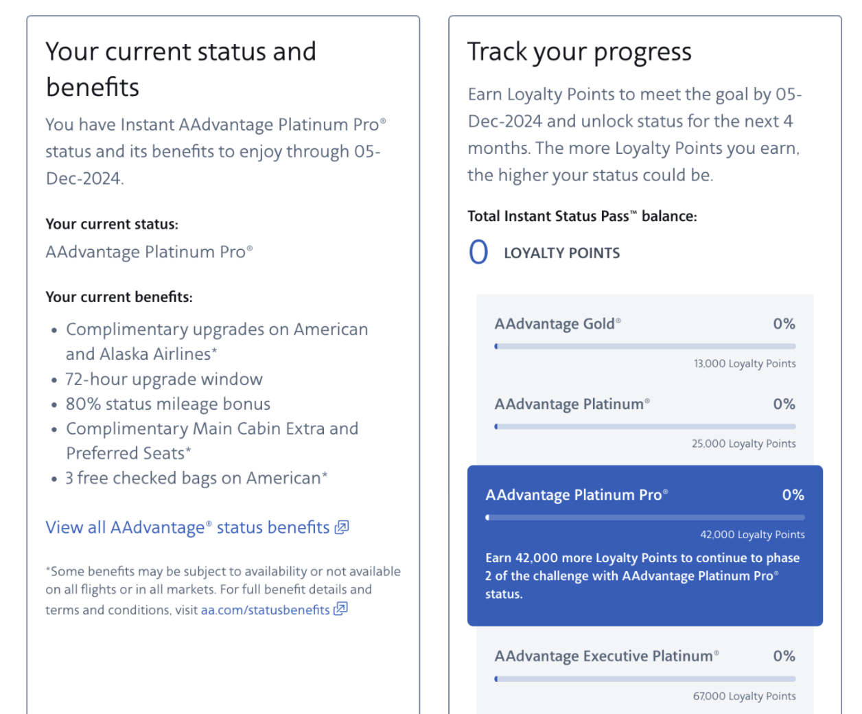 Example of the status of participation in the Instant Status Pass program