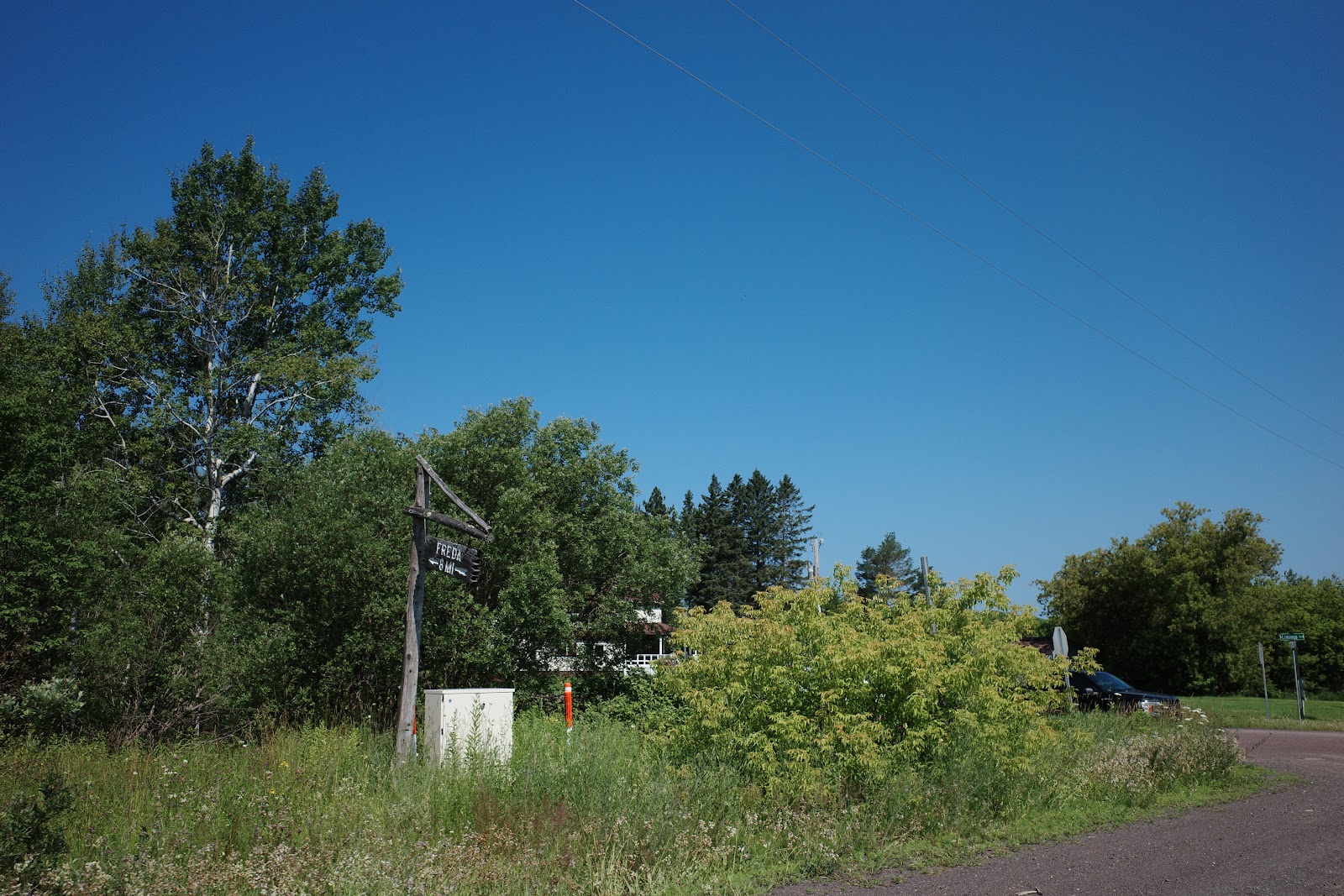 Road next to woods with small wooden sign reading “Freda”