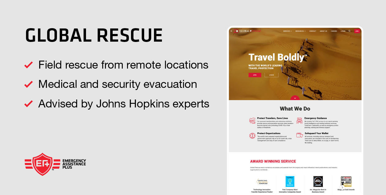 screenshot of global rescue website with bulleted list of company highlights.
