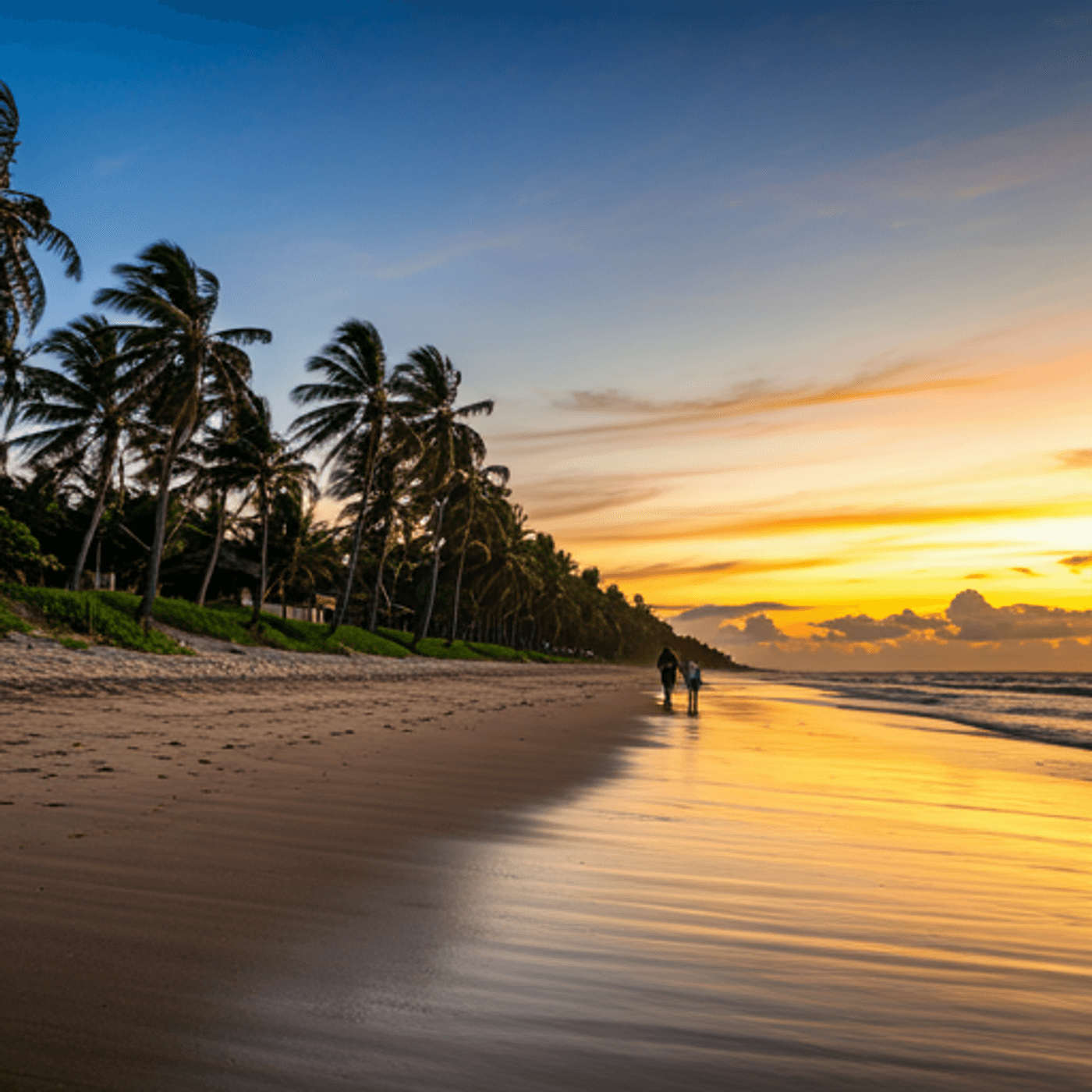 A couple walks along a serene tropical beach lined with palm trees at sunset.