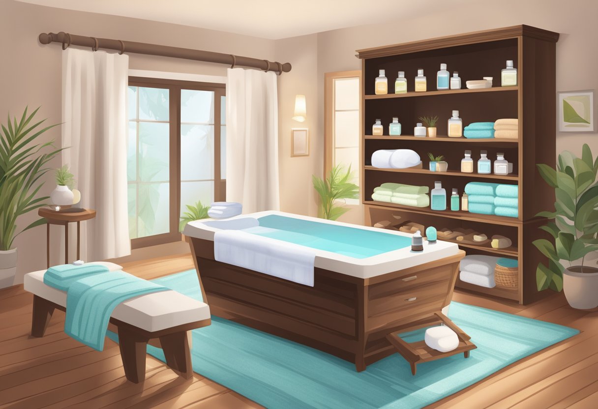 A tranquil spa room with shelves of essential oils, a diffuser emitting fragrant mist, and a cozy massage table adorned with plush towels and soothing decor