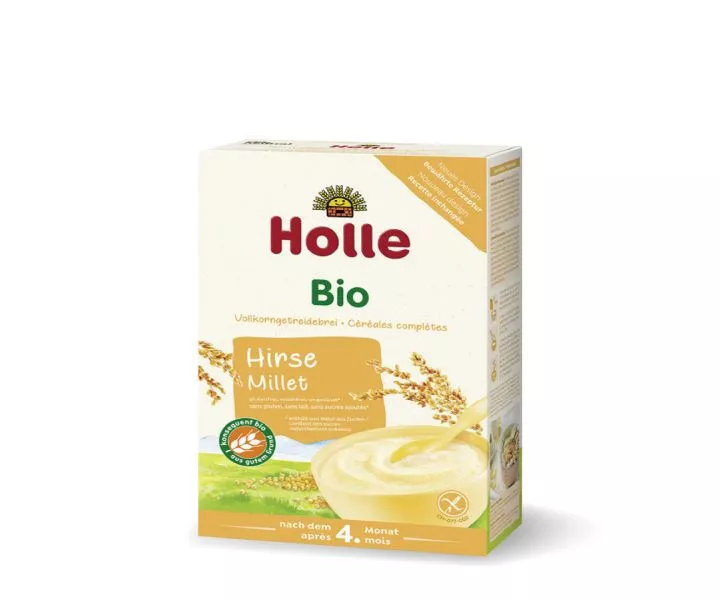 Box of Holle Bio organic millet cereal for babies, suitable from 4 months, labeled in German and French with a green organic certification badge.