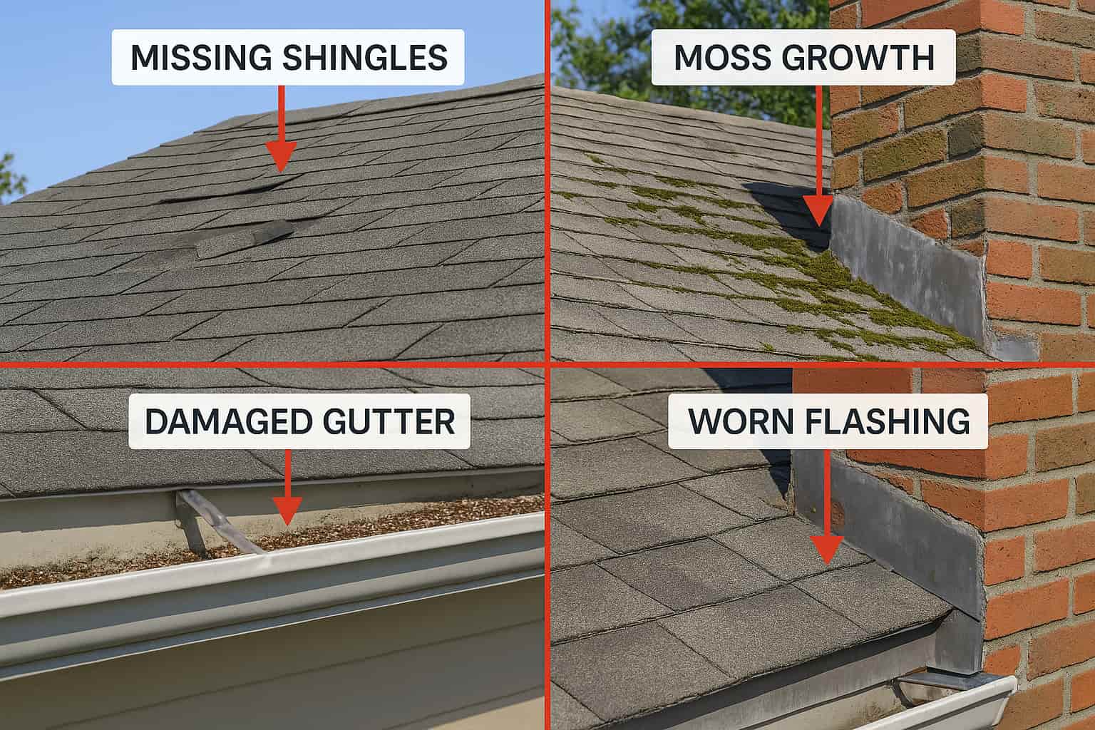 Visual guide showing common roof problems real estate agents can identify to generate roofing leads.