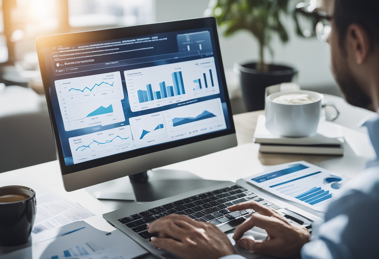 A real estate agent analyzing data charts and graphs on a computer, surrounded by SEO audit reports and property listings
