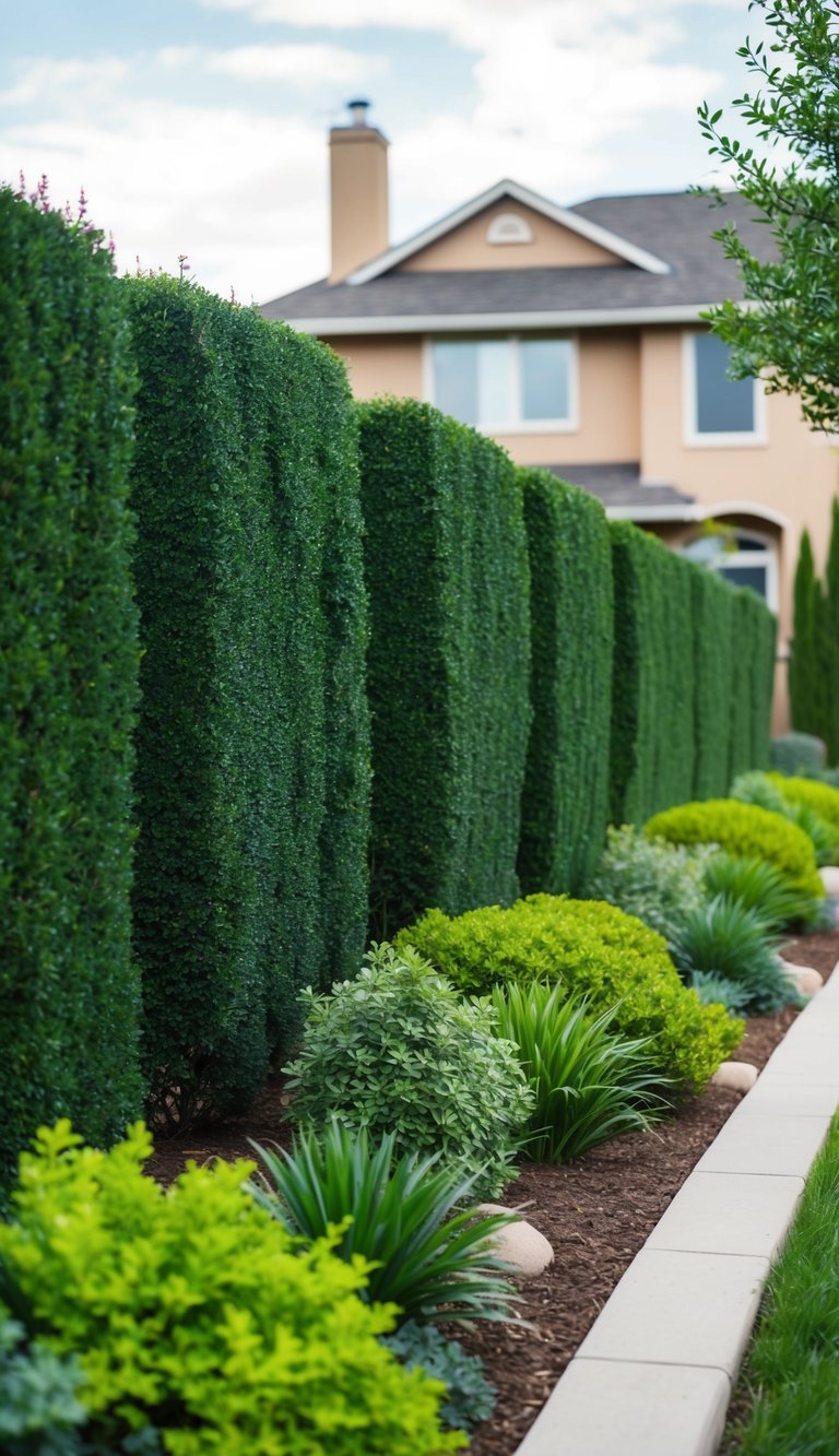 A row of tall, dense shrubs create a natural barrier between two houses, providing privacy and seclusion. The landscaping features a variety of plants and trees arranged to block sightlines and reduce noise