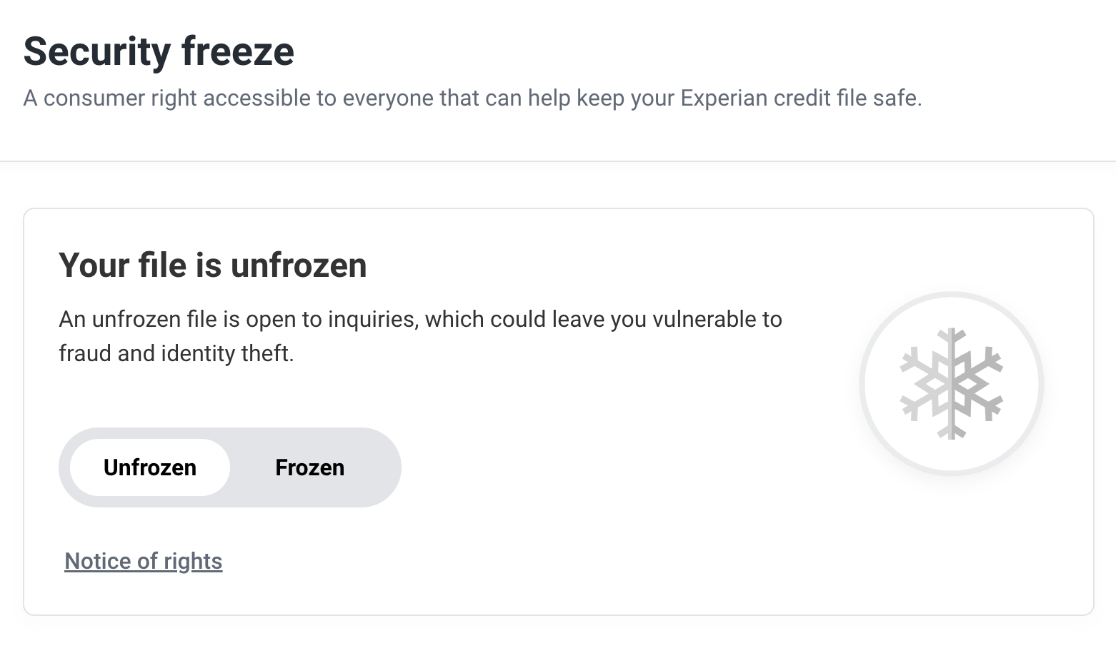 Screenshot from Experian website showing status of security freeze with unfrozen and frozen toggle switch