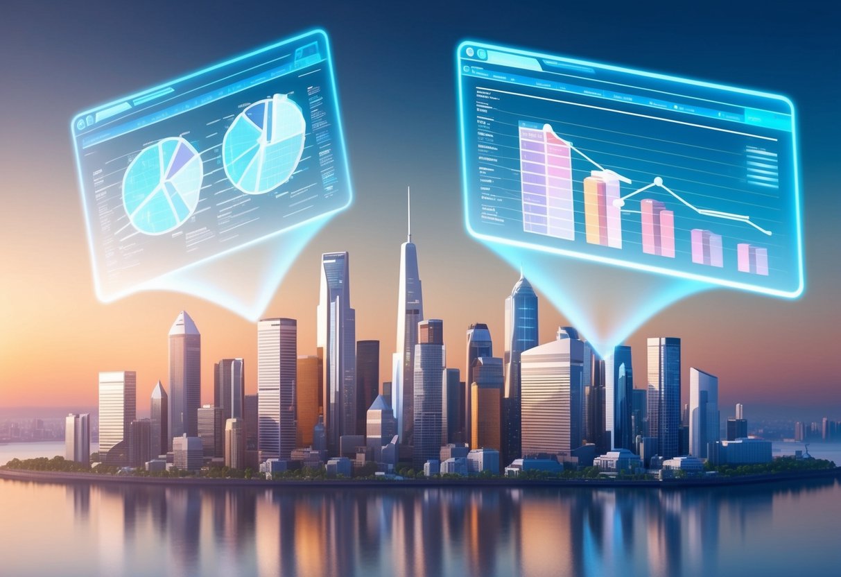 A futuristic city skyline with holographic website cost breakdown charts projected in the air
