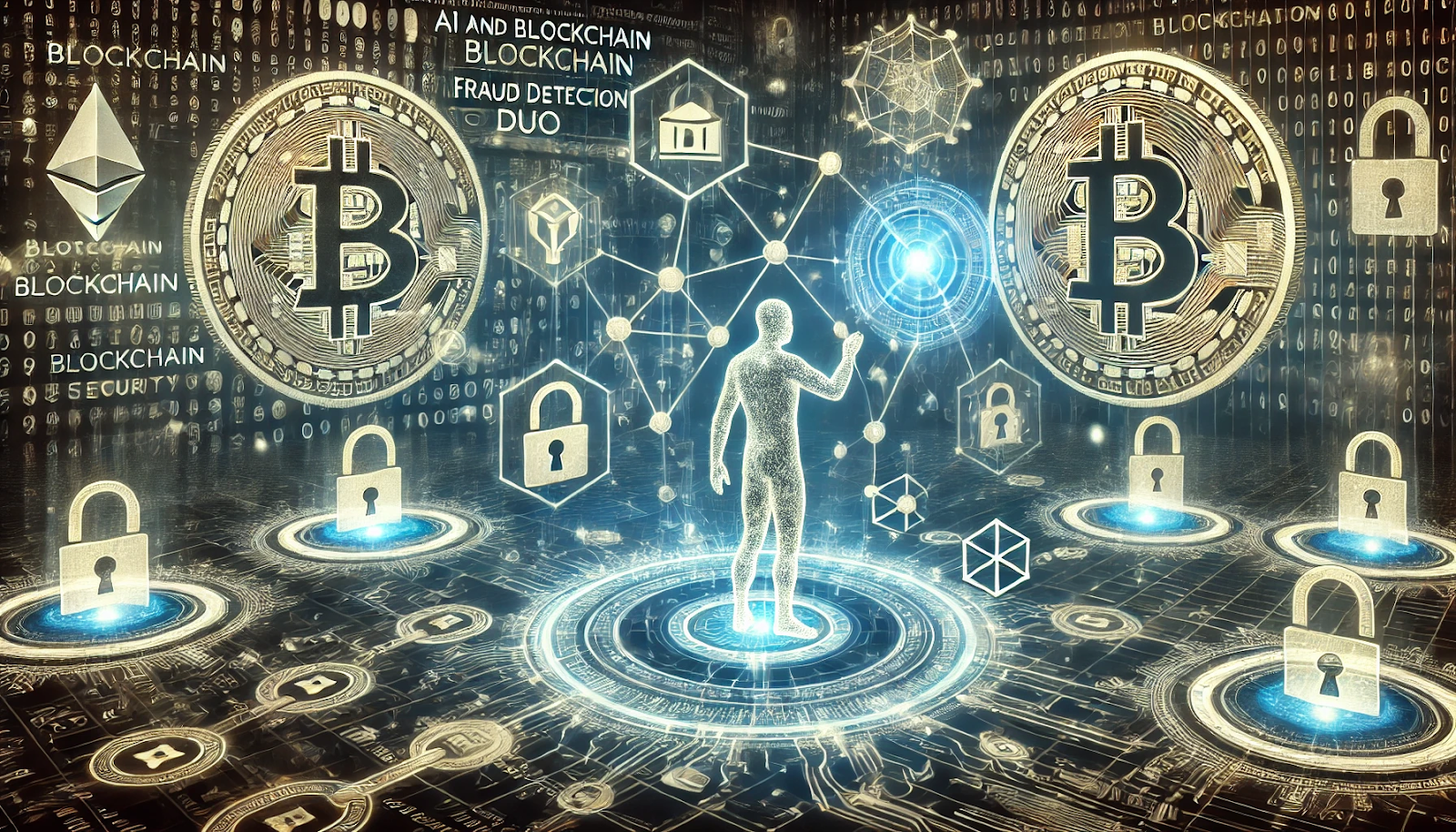 An abstract illustration showing a human figure interacting with a holographic display of a blockchain ledger and AI pattern recognition graph, symbolizing enhanced fraud detection capabilities.