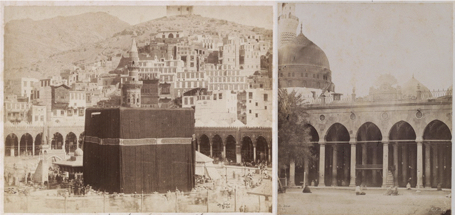 “The Ka’bah” in Mecca. Right: “The Sanctuary at Medina.”  Both photographed in 1880 by the Egyptian geographer, engineer, and writer Muhammad Sadiq Bey, whose writings I use for this project. Sources: Khalili Collections, accession number ARC.pp 211.4 and Khalili Collections, accession number ARC.pp 0254.11.
